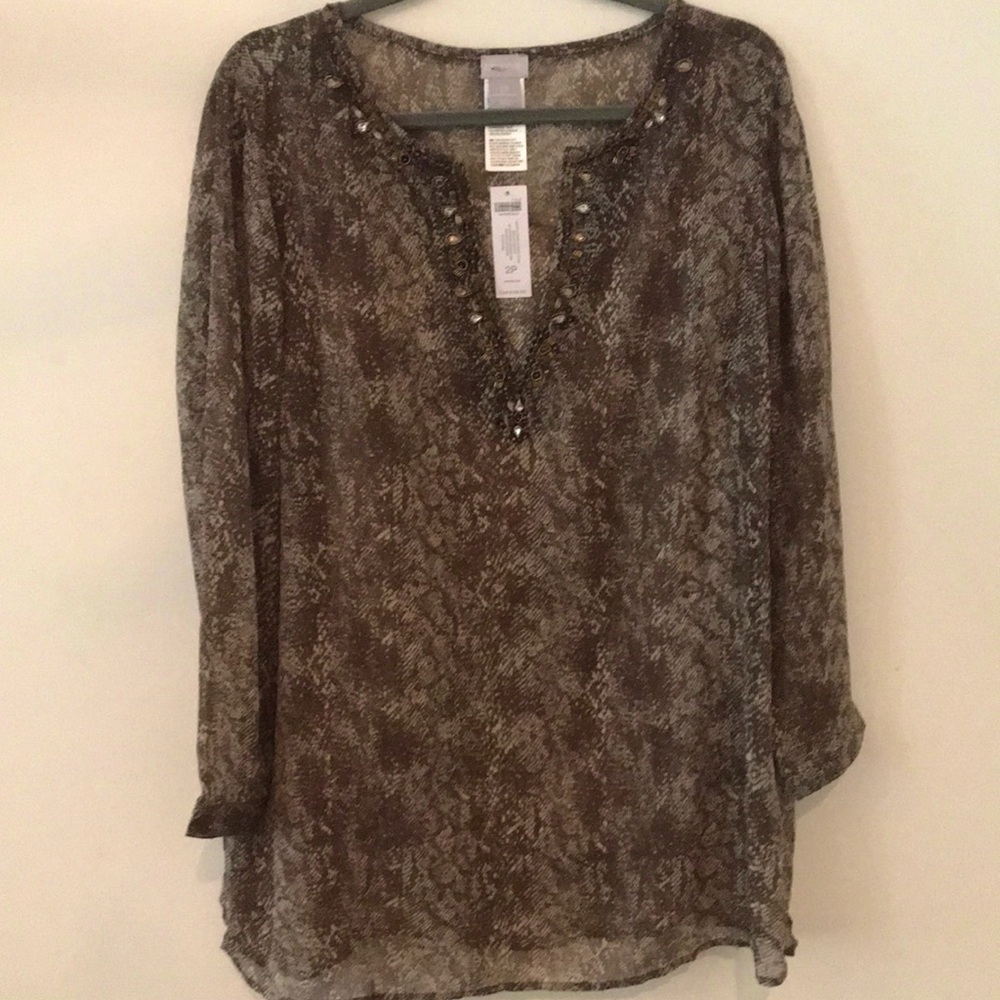 Chico's 2P Chiffon Embellished Tunic Snake Print Jewel pattern